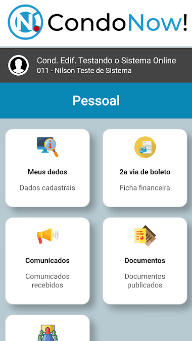 Menu oficial do aplicativo CondoNow